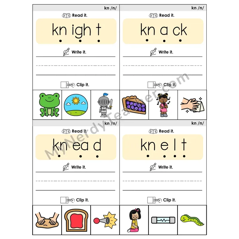 KN Silent Letter Phonics Flip Book — Blend, Segment, Write & Clip