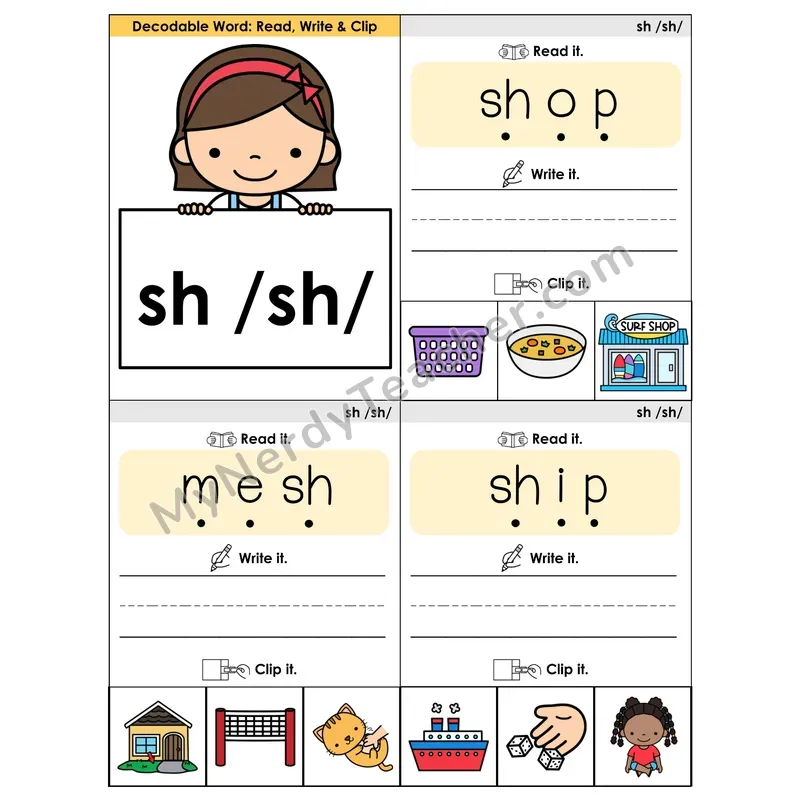 SH Digraph Phonics Flip Book — Blend, Segment, Write & Clip