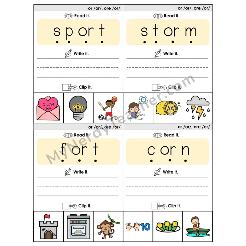 OR/ORE R-Controlled Vowel Phonics Flip Book — Blend, Segment, Write & Clip