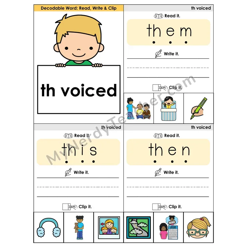 TH (Voiced) Digraph Phonics Flip Book — Blend, Segment, Write & Clip