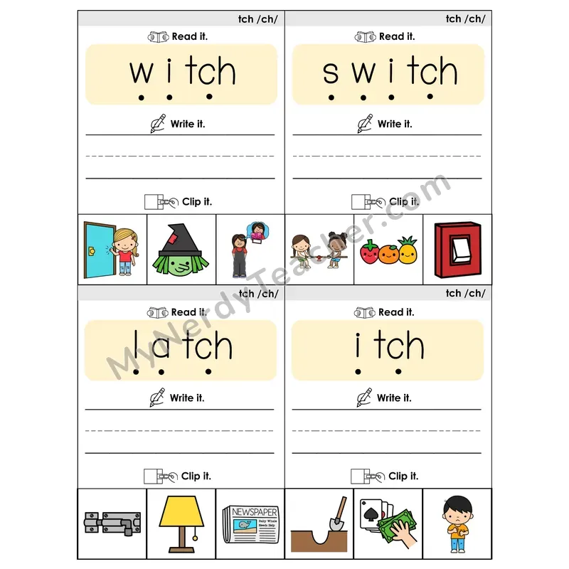 TCH Trigraph Phonics Flip Book — Blend, Segment, Write & Clip