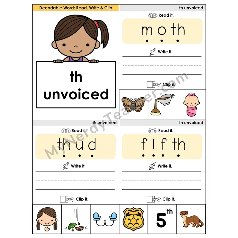 TH (Unvoiced) Digraph Phonics Flip Book — Blend, Segment, Write & Clip