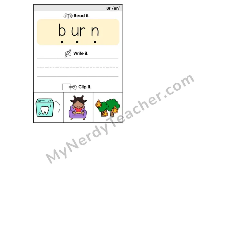 UR R-Controlled Vowel Phonics Flip Book — Blend, Segment, Write & Clip