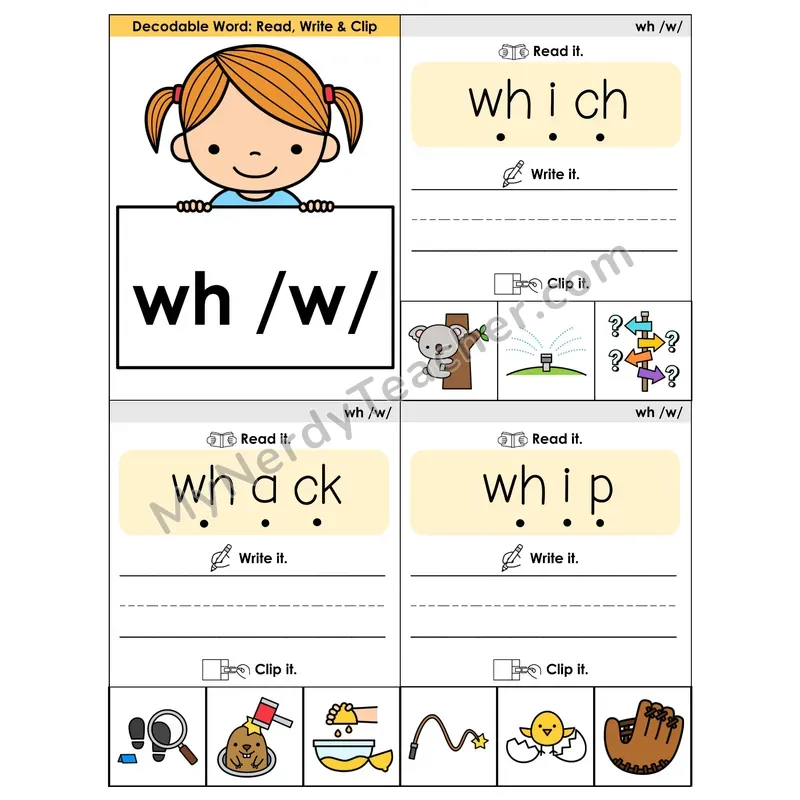 WH Digraph Phonics Flip Book — Blend, Segment, Write & Clip