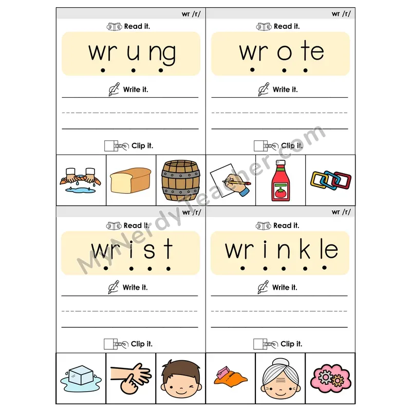WR Silent Letter Phonics Flip Book — Blend, Segment, Write & Clip