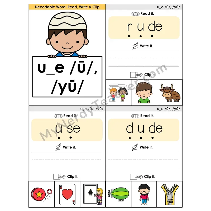 U_E (Long U) VCe Phonics Flip Book — Blend, Segment, Write & Clip