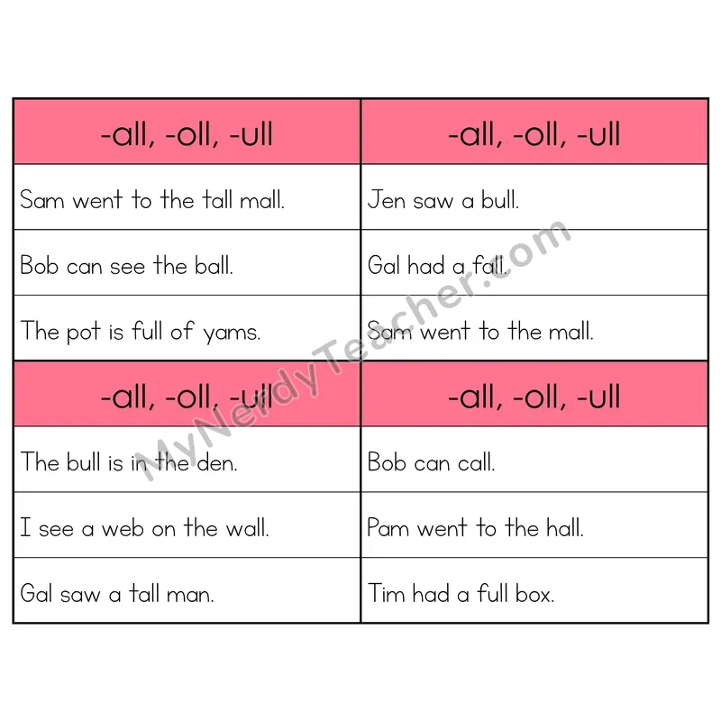 -all, -oll, -ull Word Families Phonics Flip Book — Sentence Cards