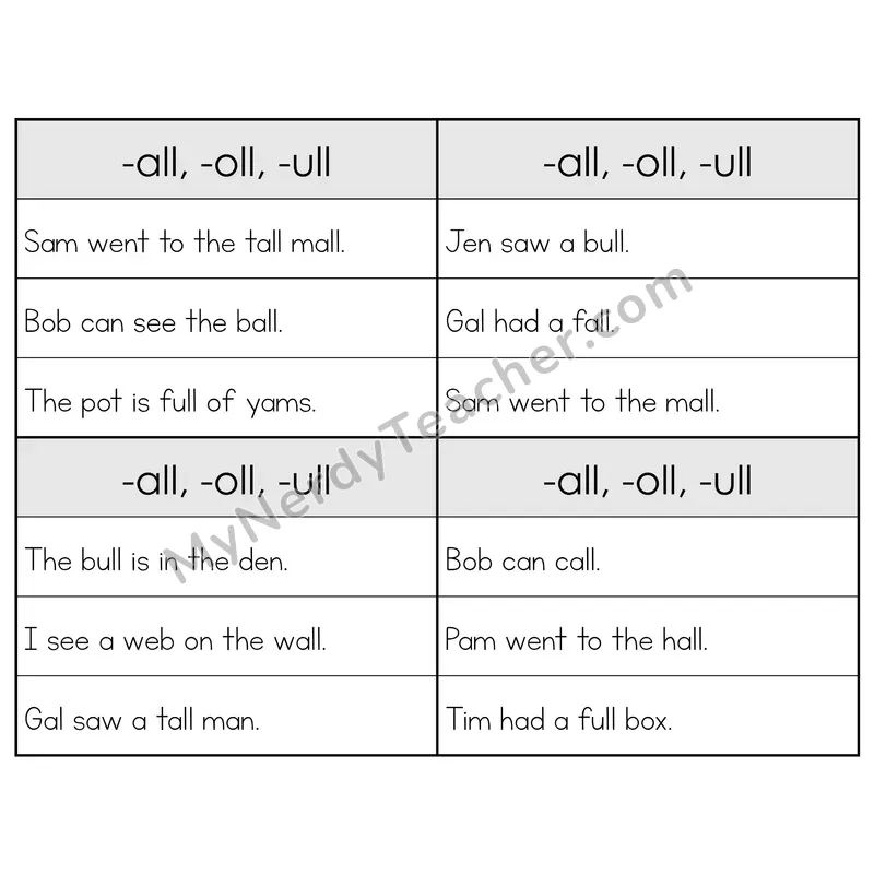 -all, -oll, -ull Word Families Phonics Flip Book — Sentence Cards — B&W