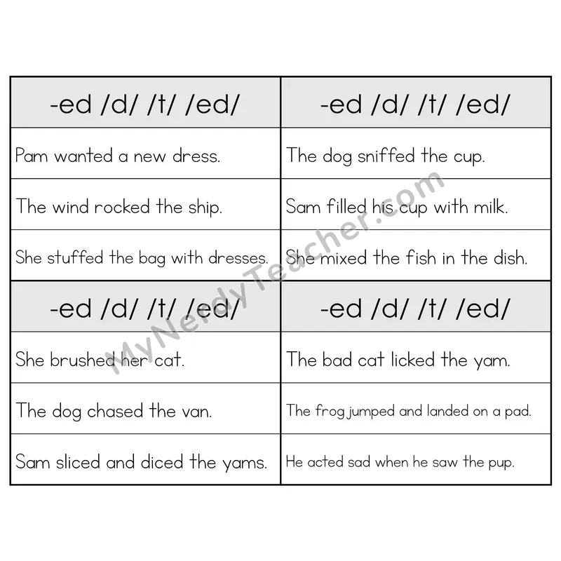 Reading -ed Ending Words Flip Book — Sentence Cards (B&W)