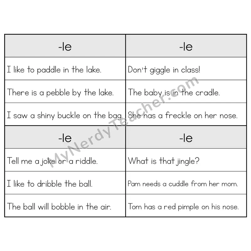Reading -le Syllable Words Flip Book — Sentence Cards (B&W)