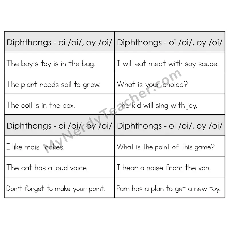 OI/OY Diphthongs Phonics Flip Book — Sentence Cards — B&W