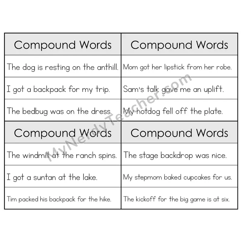 Compound Words Phonics Flip Book — Sentence Cards — B&W