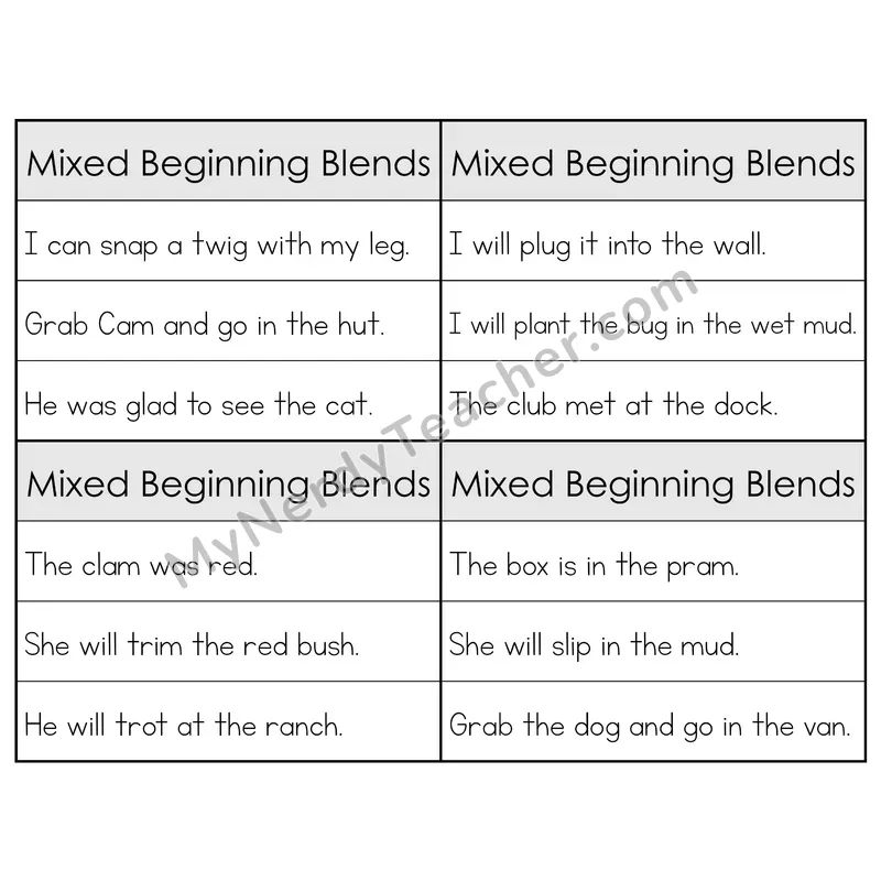 Mixed Beginning Blends Review Phonics Flip Book — Sentence Cards — B&W