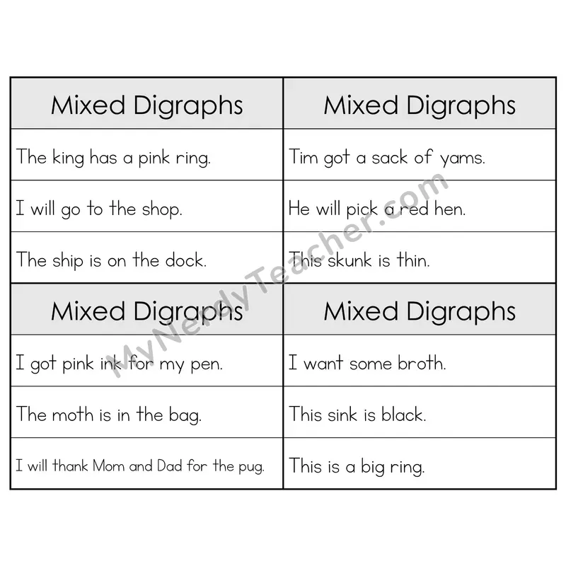 Mixed Digraphs Review Phonics Flip Book — Sentence Cards — B&W