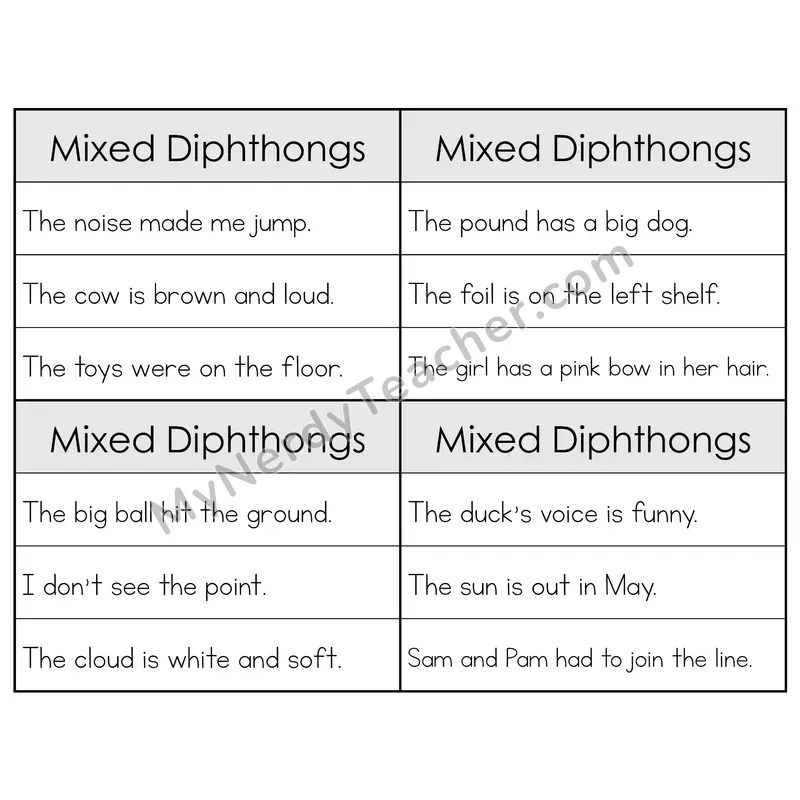 Mixed Diphthongs Review Phonics Flip Book — Sentence Cards — B&W