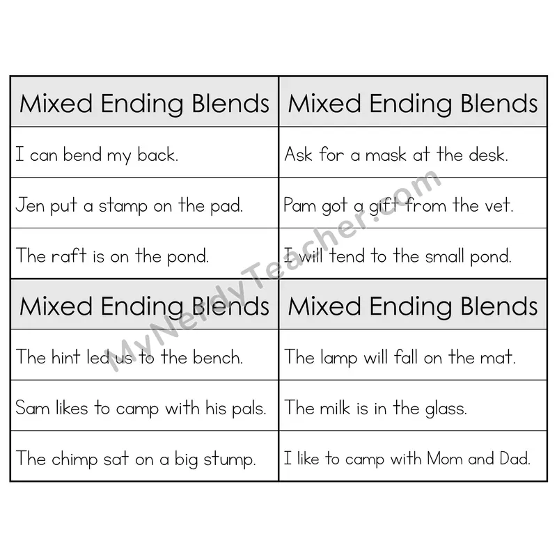 Mixed Ending Blends Review Phonics Flip Book — Sentence Cards — B&W
