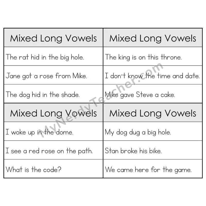 Mixed Long Vowels Review Phonics Flip Book — Sentence Cards — B&W