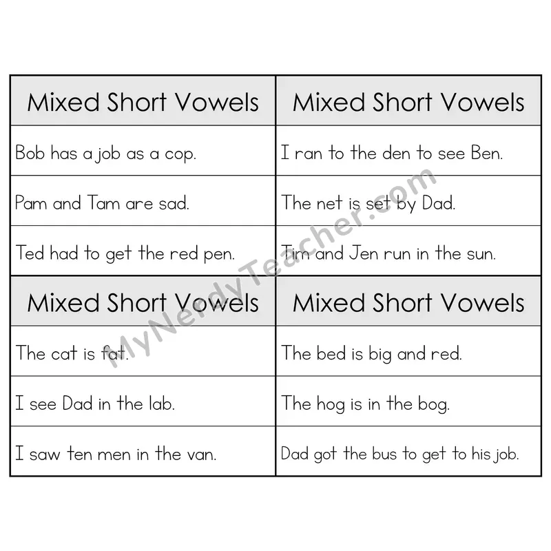 Mixed Short Vowels Review Phonics Flip Book — Sentence Cards — B&W