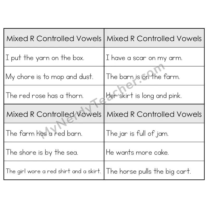 Mixed R-Controlled Vowels Review Phonics Flip Book — Sentence Cards — B&W