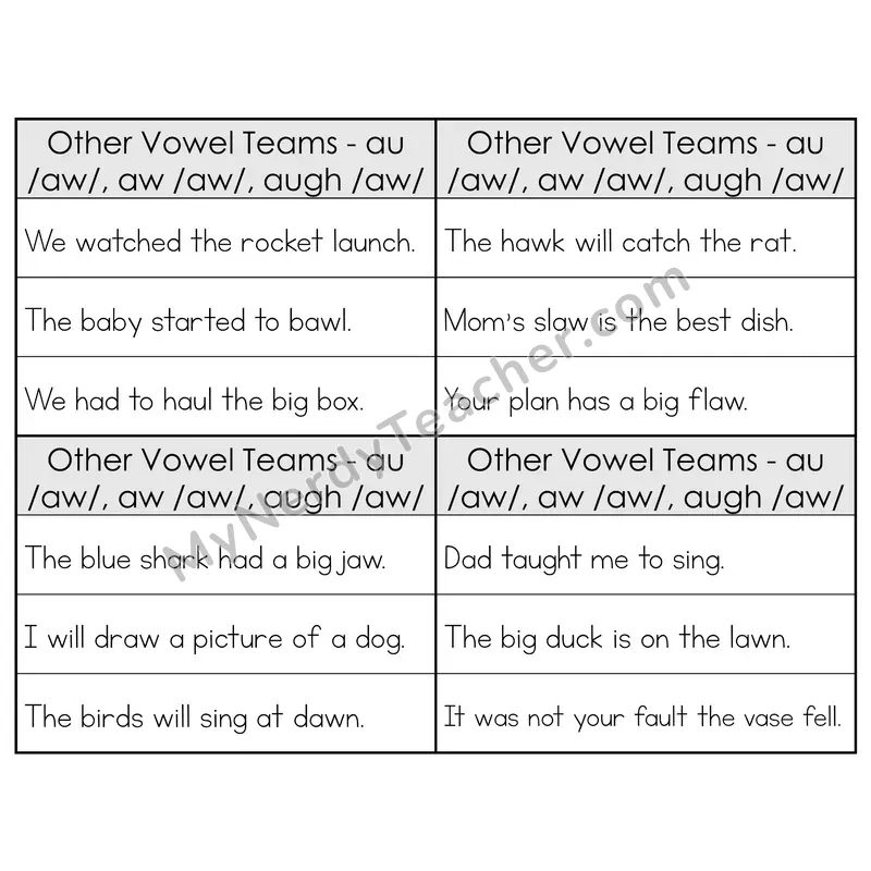 AU/AW/AUGH Vowel Teams Phonics Flip Book — Sentence Cards — B&W