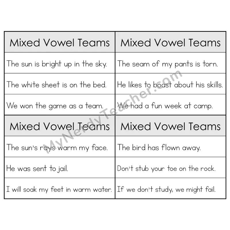 Mixed Vowel Teams Review Phonics Flip Book — Sentence Cards — B&W