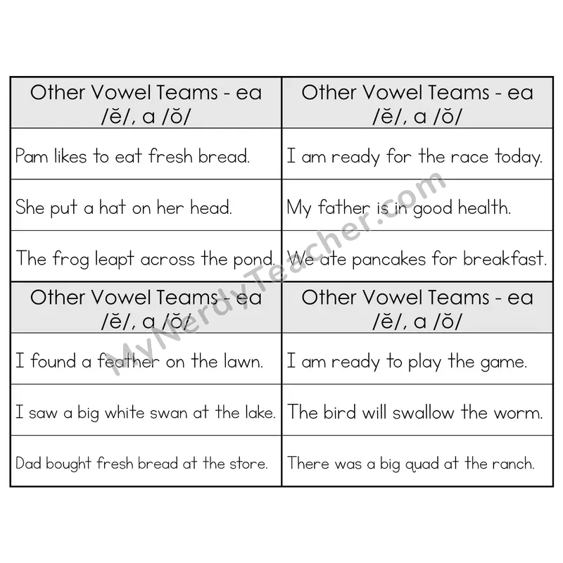 EA (Short /e/) Vowel Teams Phonics Flip Book — Sentence Cards — B&W