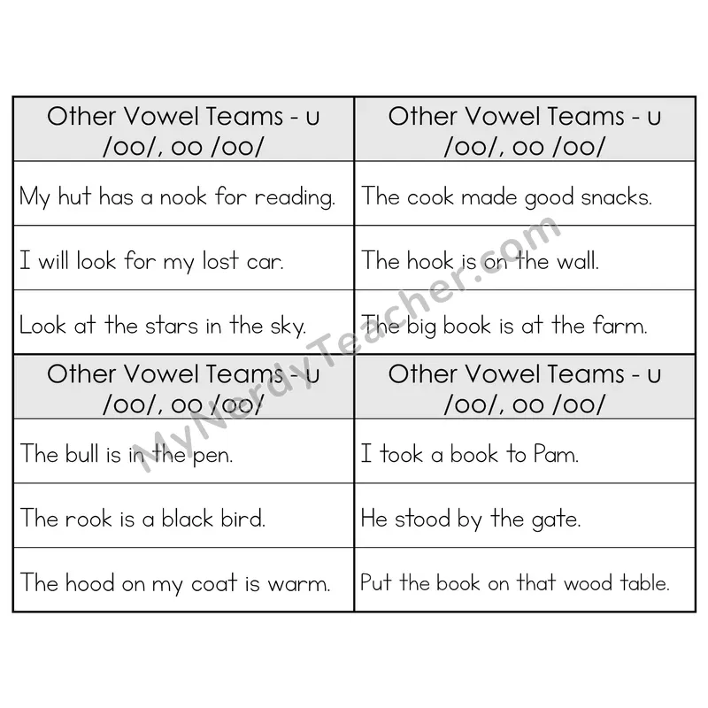 U/OO (Short) Vowel Teams Phonics Flip Book — Sentence Cards — B&W