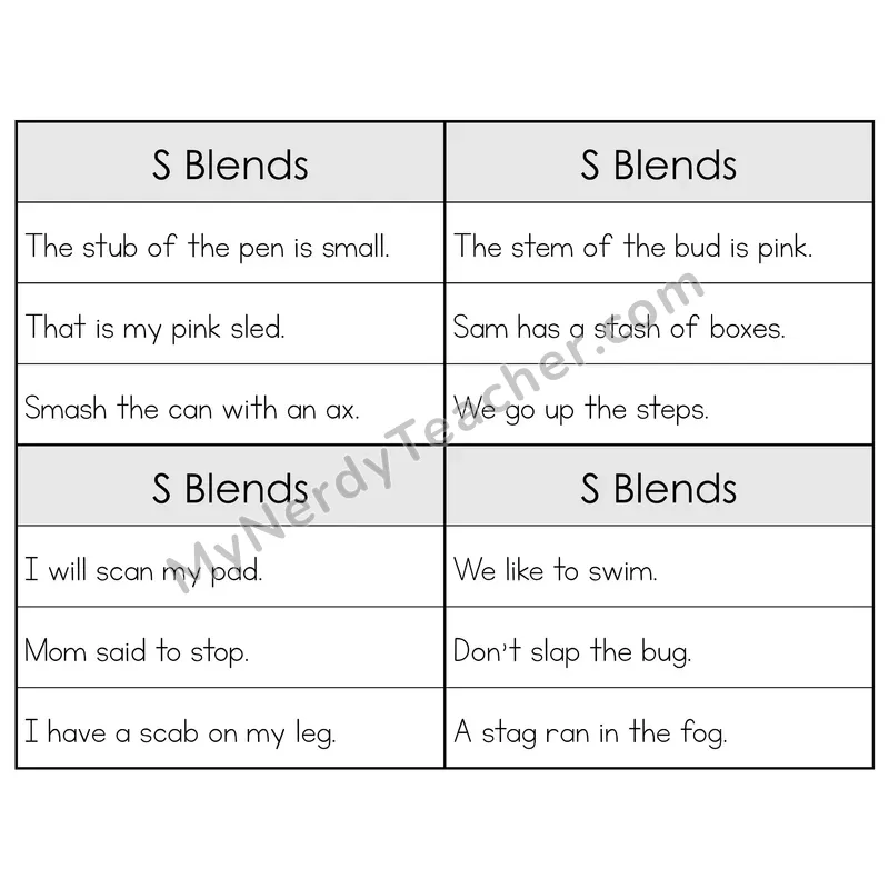 S Blends Phonics Flip Book — Sentence Cards — B&W