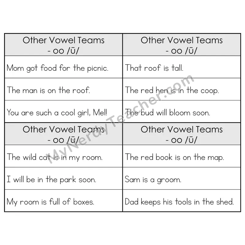 OO (Long) Vowel Teams Phonics Flip Book — Sentence Cards — B&W