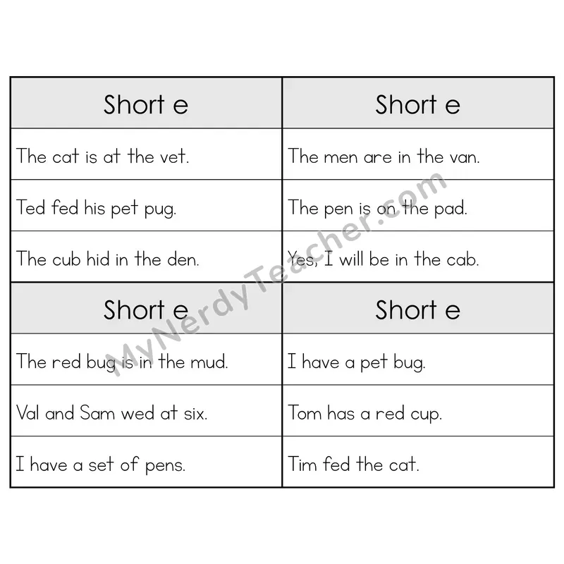 Short E CVC Words Phonics Flip Book — Sentence Cards — B&W