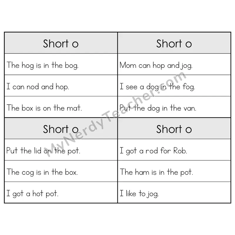 Short O CVC Words Phonics Flip Book — Sentence Cards — B&W