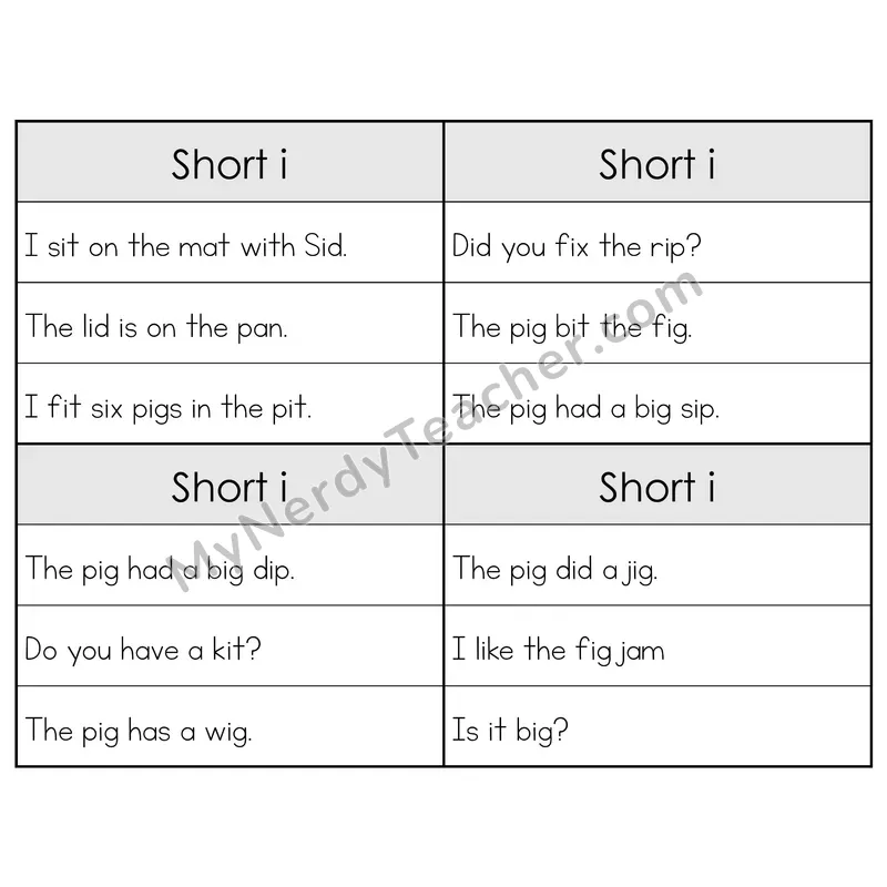 Short I CVC Words Phonics Flip Book — Sentence Cards — B&W