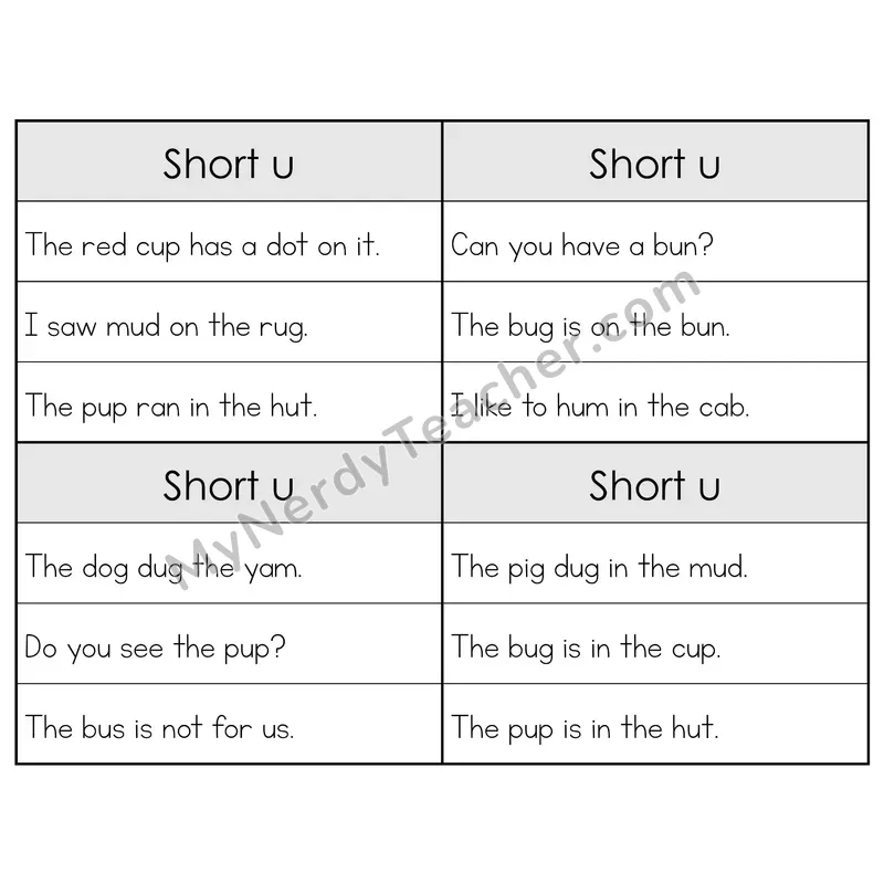 Short U CVC Words Phonics Flip Book — Sentence Cards — B&W