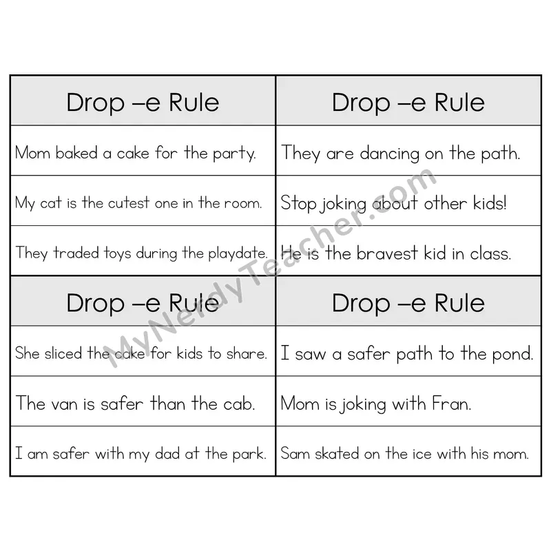 Suffix Spelling Changes: Drop-e Rule Phonics Flip Book — Sentence Cards — B&W
