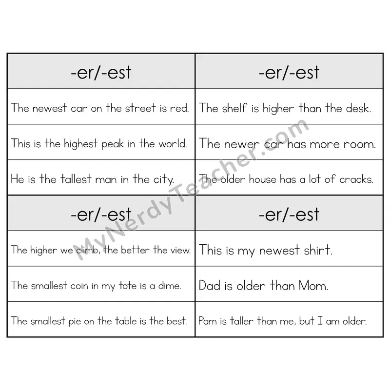 Suffixes -ER/-EST Phonics Flip Book — Sentence Cards — B&W