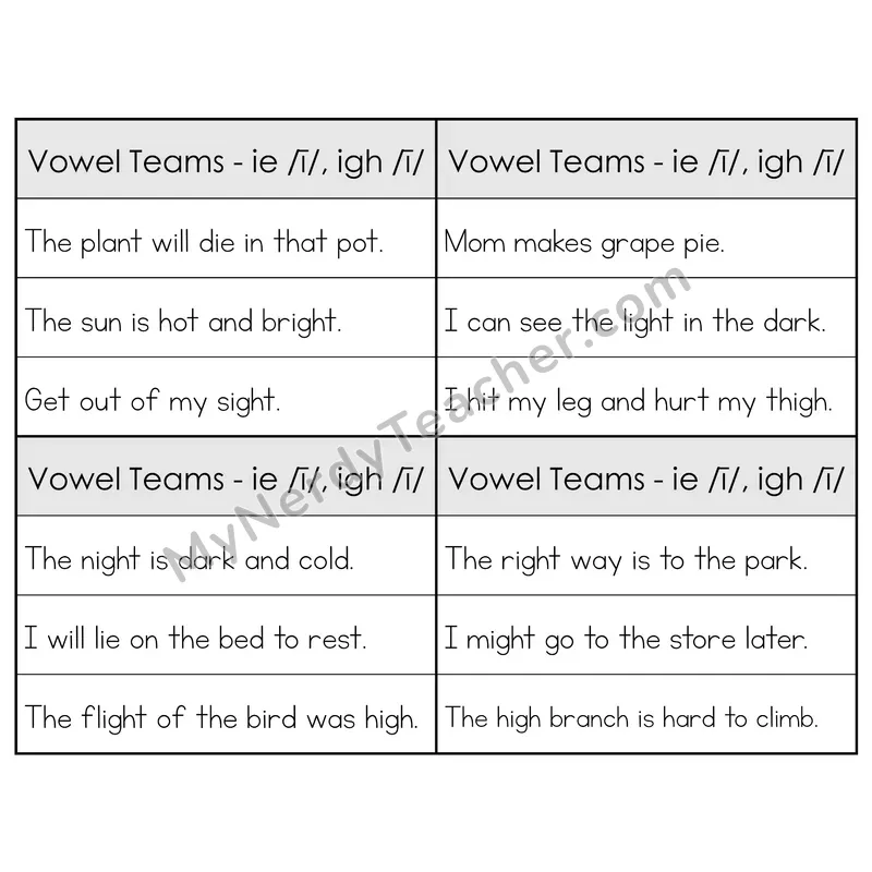 IE/IGH Vowel Teams Phonics Flip Book — Sentence Cards — B&W
