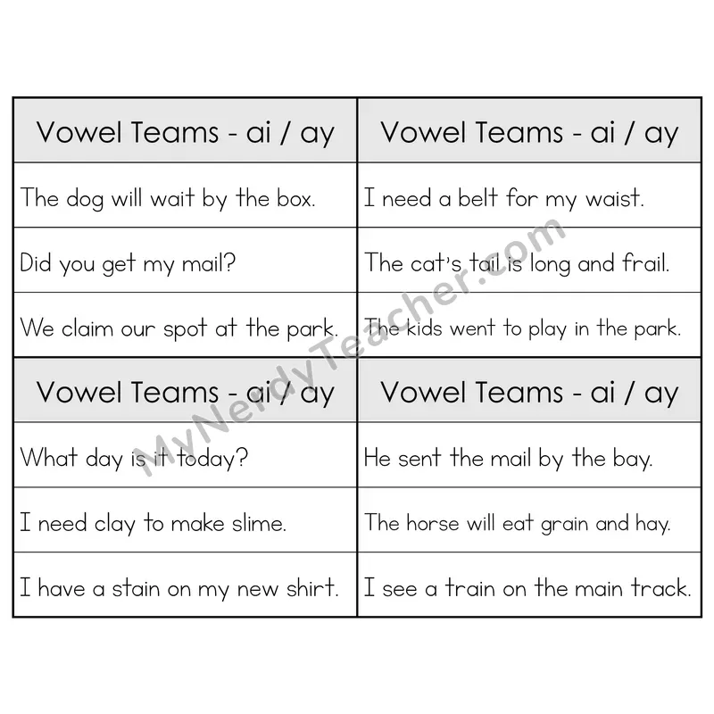 AI/AY Vowel Teams Phonics Flip Book — Sentence Cards — B&W