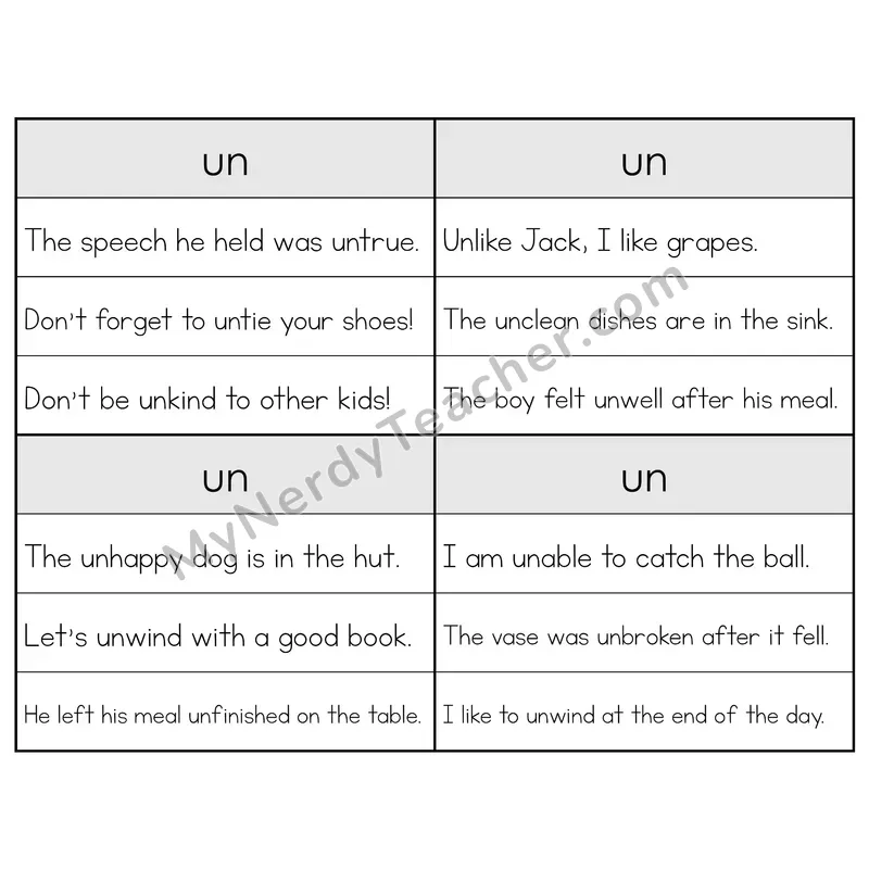 Prefix UN- Phonics Flip Book — Sentence Cards — B&W