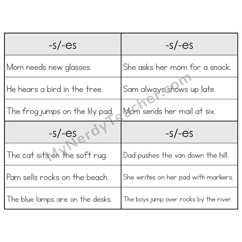 Suffixes -S/-ES Phonics Flip Book — Sentence Cards — B&W