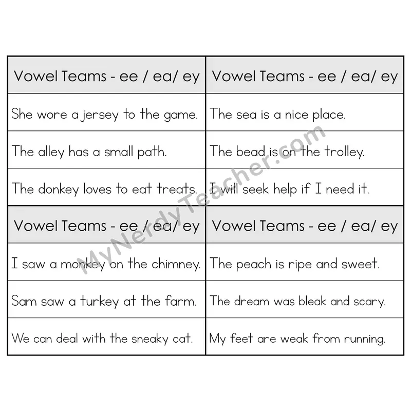 EE/EA/EY Vowel Teams Phonics Flip Book — Sentence Cards — B&W