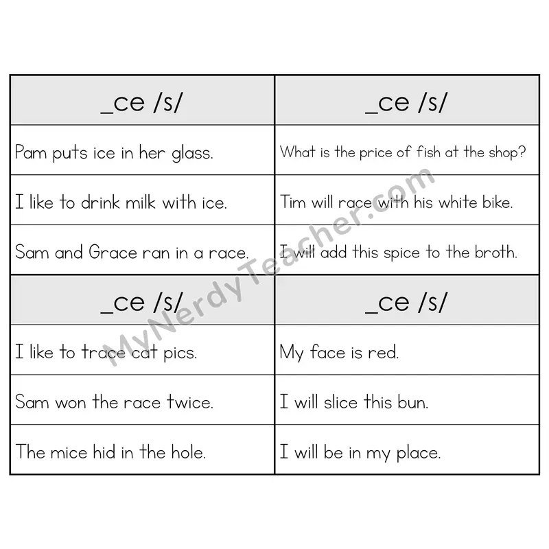 _CE (/s/) Spelling Pattern Phonics Flip Book — Sentence Cards — B&W