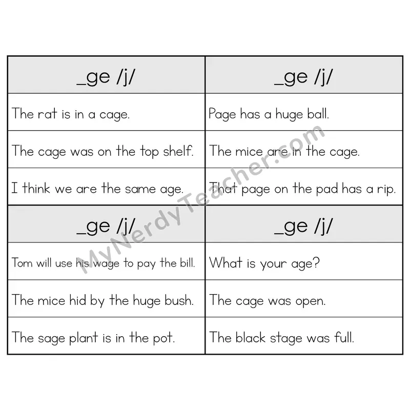 _GE (/j/) Spelling Pattern Phonics Flip Book — Sentence Cards — B&W