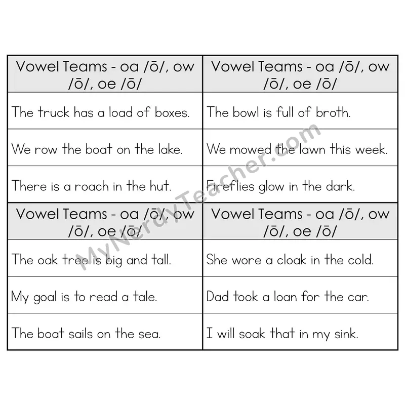 OA/OW/OE Vowel Teams Phonics Flip Book — Sentence Cards — B&W