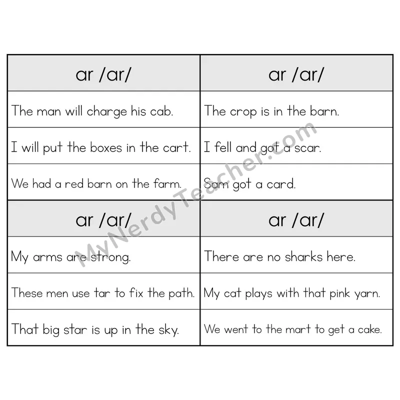 AR R-Controlled Vowel Phonics Flip Book — Sentence Cards — B&W