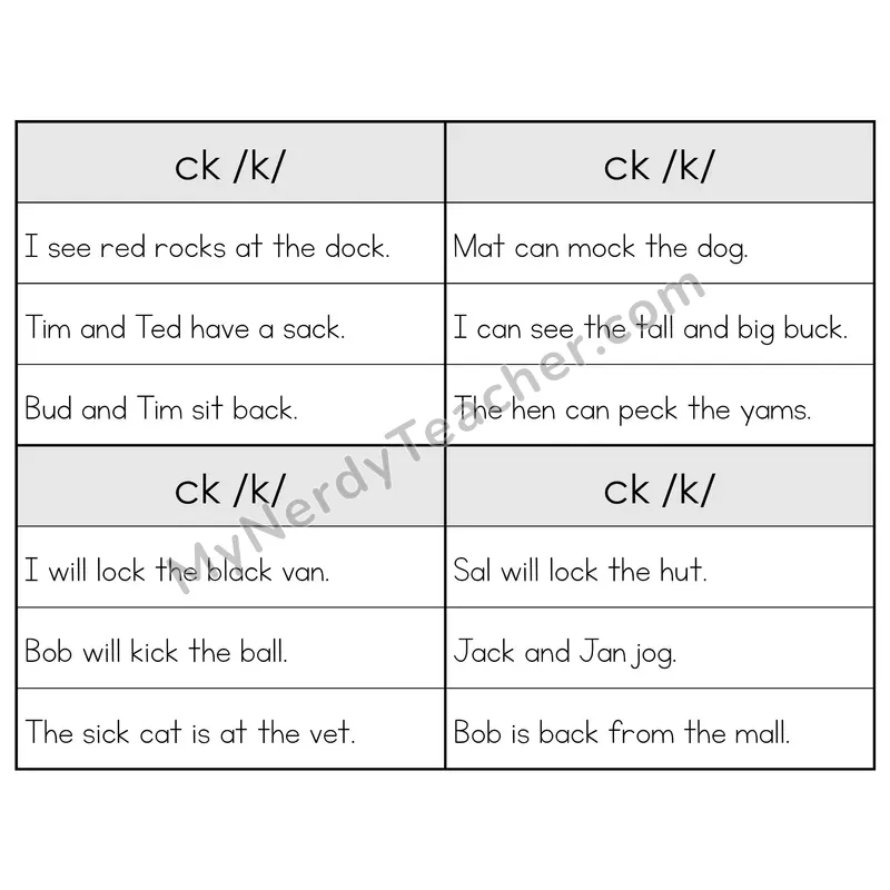 CK Digraph Phonics Flip Book — Sentence Cards — B&W
