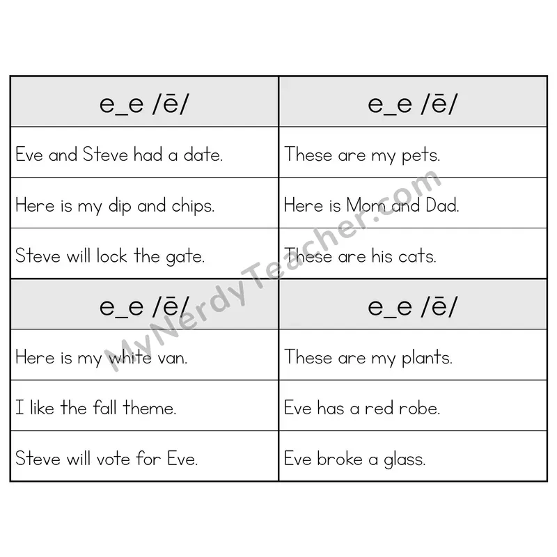 E_E (Long E) VCe Phonics Flip Book — Sentence Cards — B&W