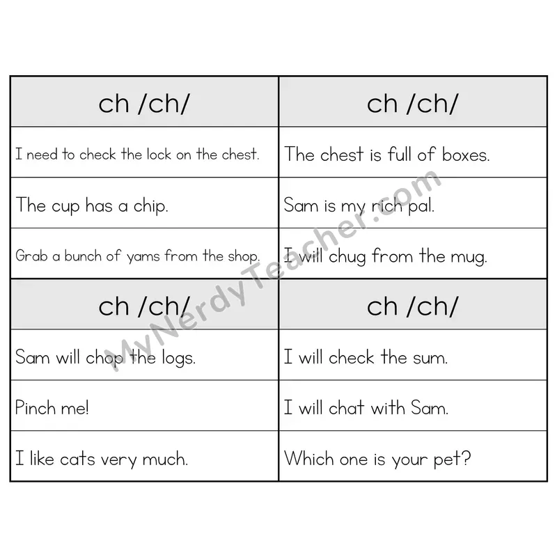 CH Digraph Phonics Flip Book — Sentence Cards — B&W