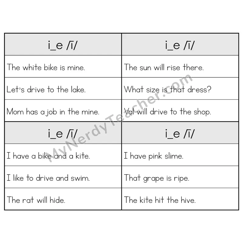 I_E (Long I) VCe Phonics Flip Book — Sentence Cards — B&W