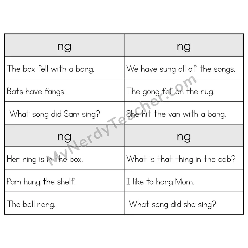 NG Digraph Phonics Flip Book — Sentence Cards — B&W