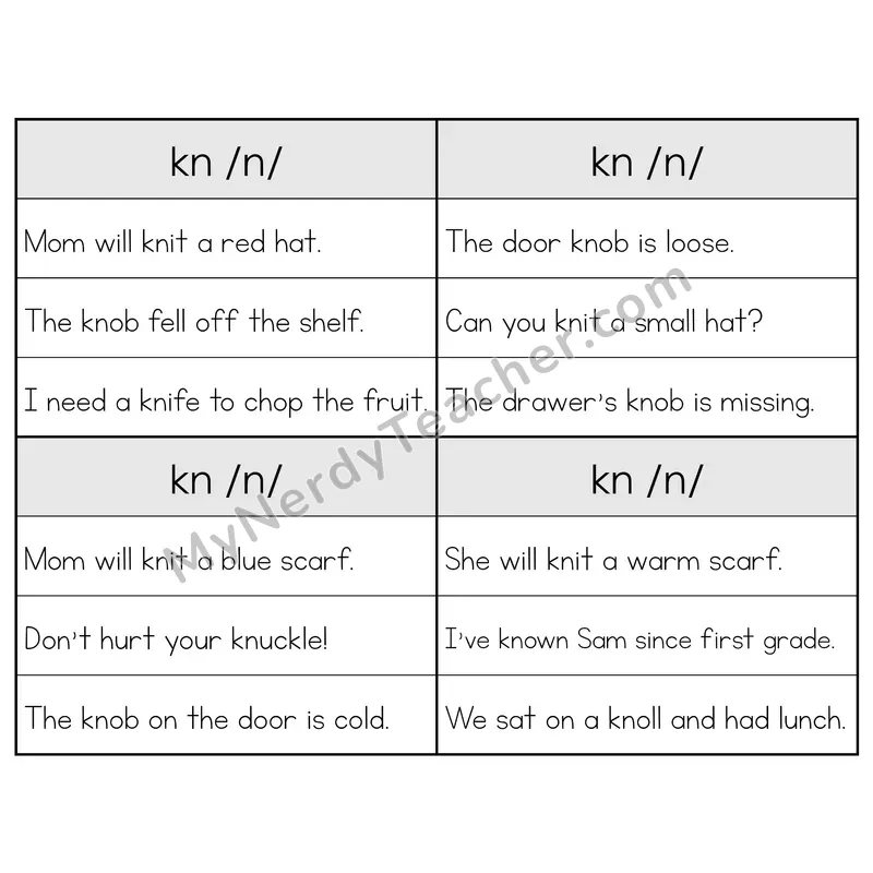 KN Silent Letter Phonics Flip Book — Sentence Cards — B&W